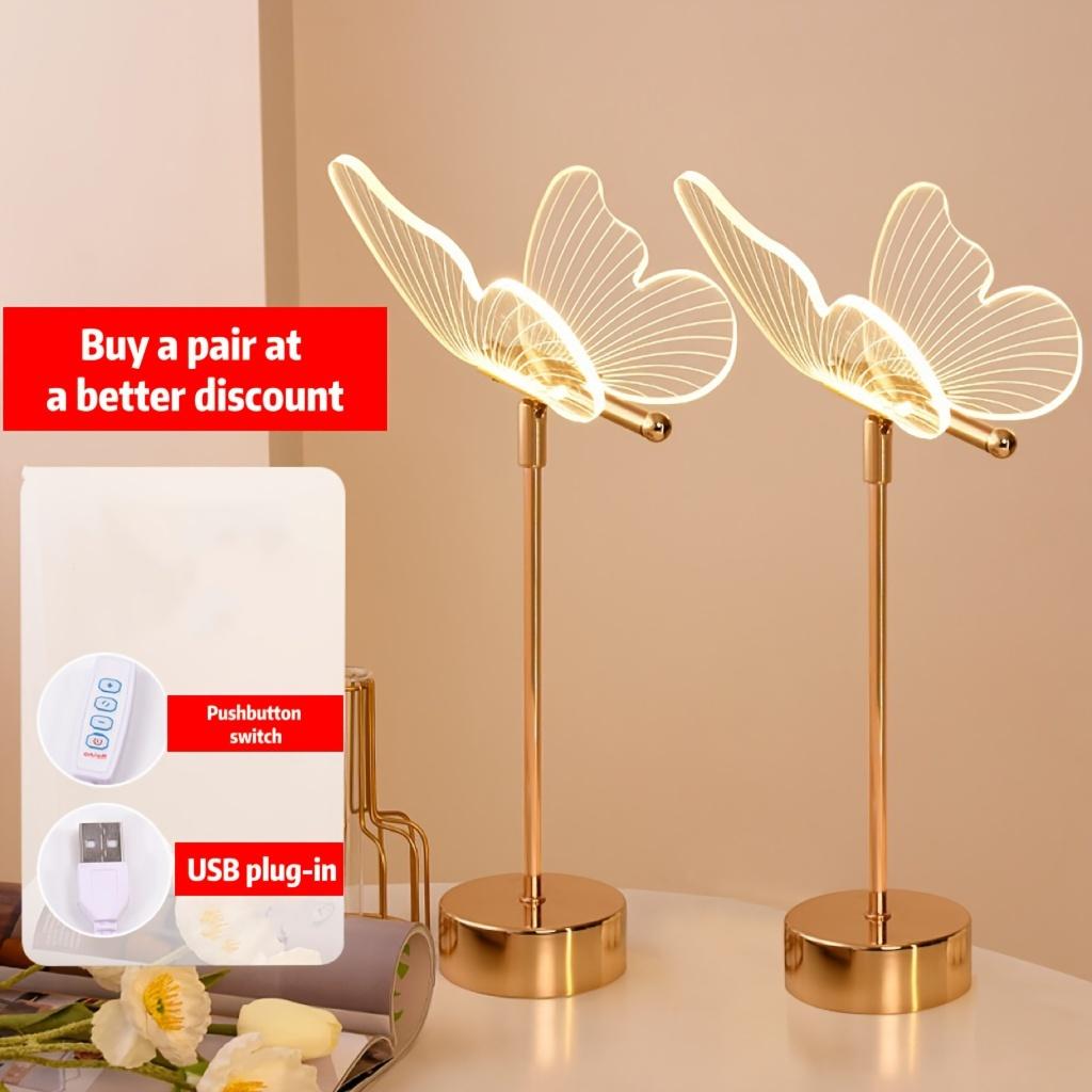 1PC USB Power Butterfly LED Desk Lamp | Modern Polished Metal with Acrylic Lampshade, Tricolor Dimmable Lighting