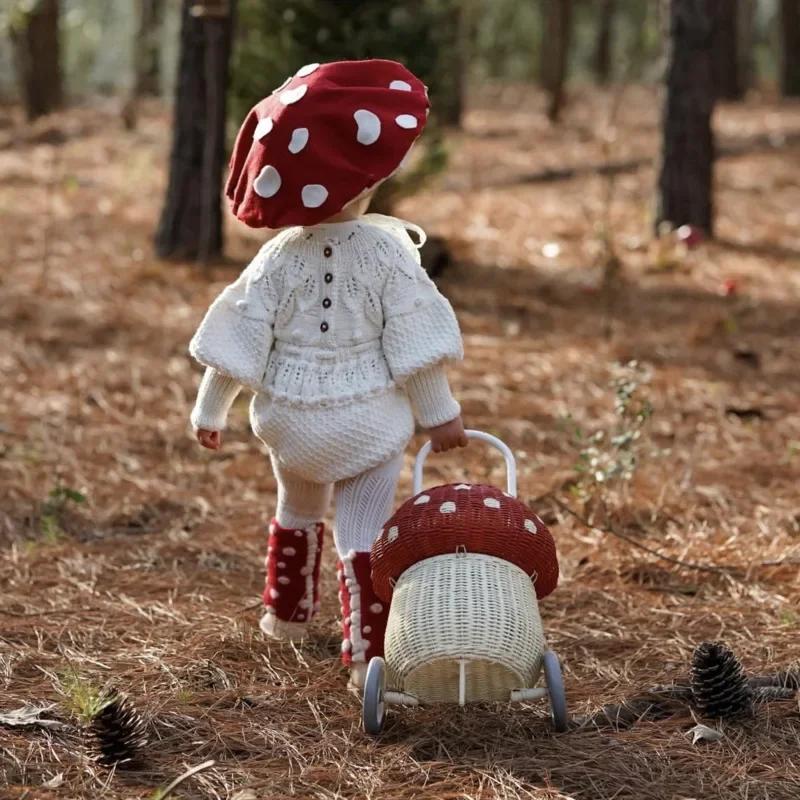 Nordycki Dziecięcy Kosz do Przechowywania Tkany z Rattanu Grzyb Wózek Ręczny Dekoracja Pokoju Dziecięcego Rekwizyty Fotograficzne do Przedszkola