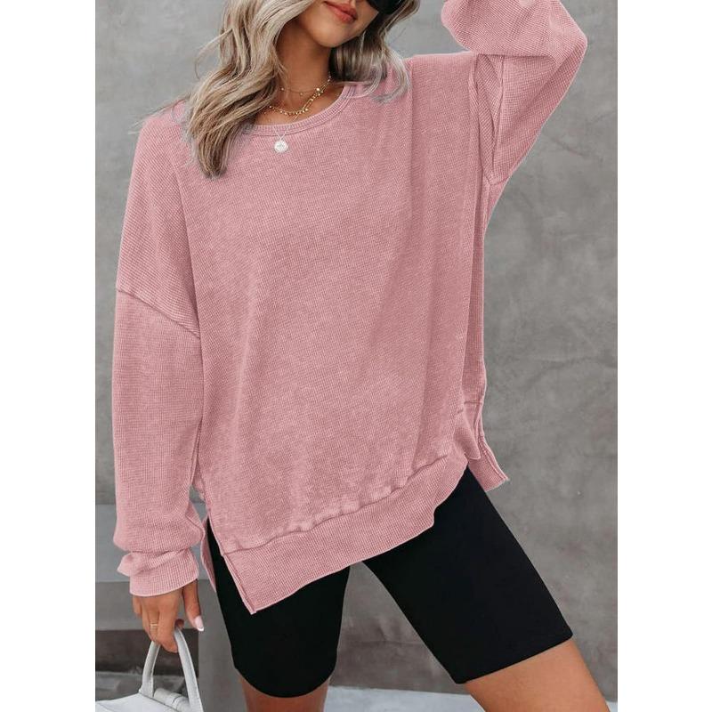 New Autumn Women's Round Neck Long Sleeve Side Slit Waffle Simple and Versatile Sweatshirt