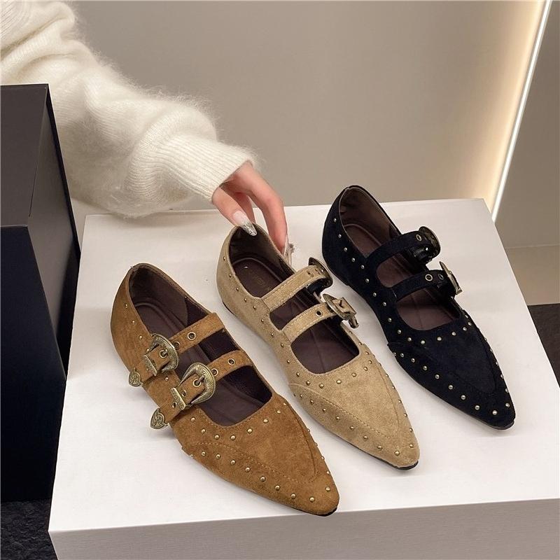 Inside Heightened Flat Single Shoes Autumn New Pointed Toe Shallow Mouth Slip Strap Rivet Non-Slip Low Top Shoes