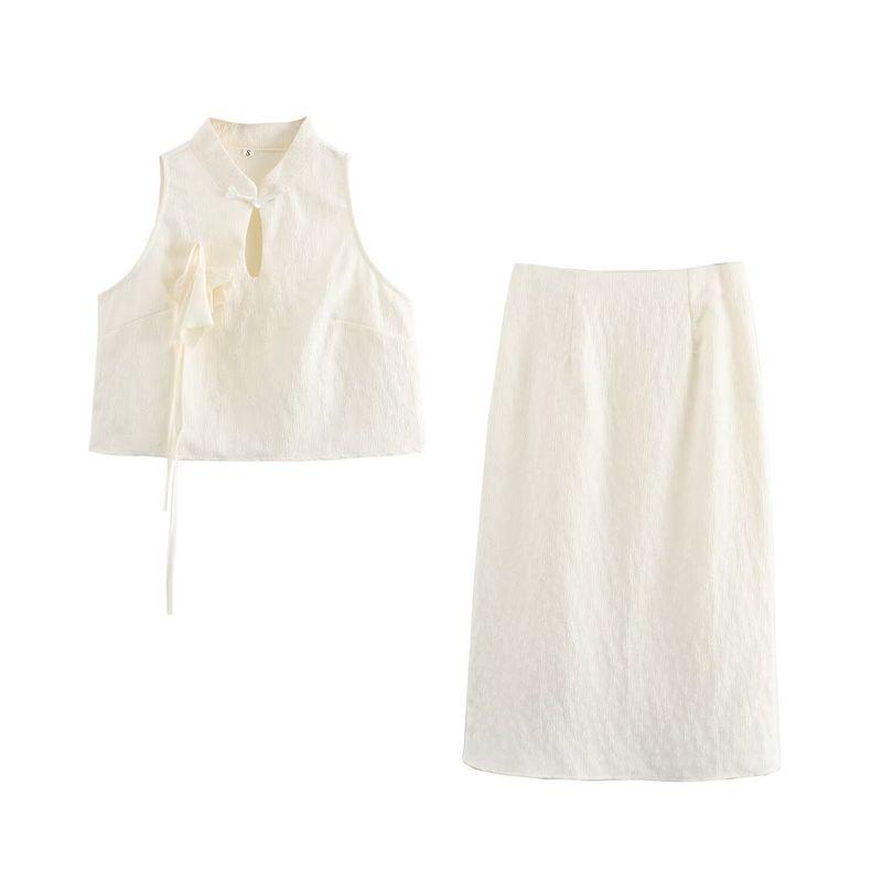 Kaslead New Arrival Women's Fashion Style New Chinese Style Three-Dimensional Flower Jacquard Skirt Two-piece Set