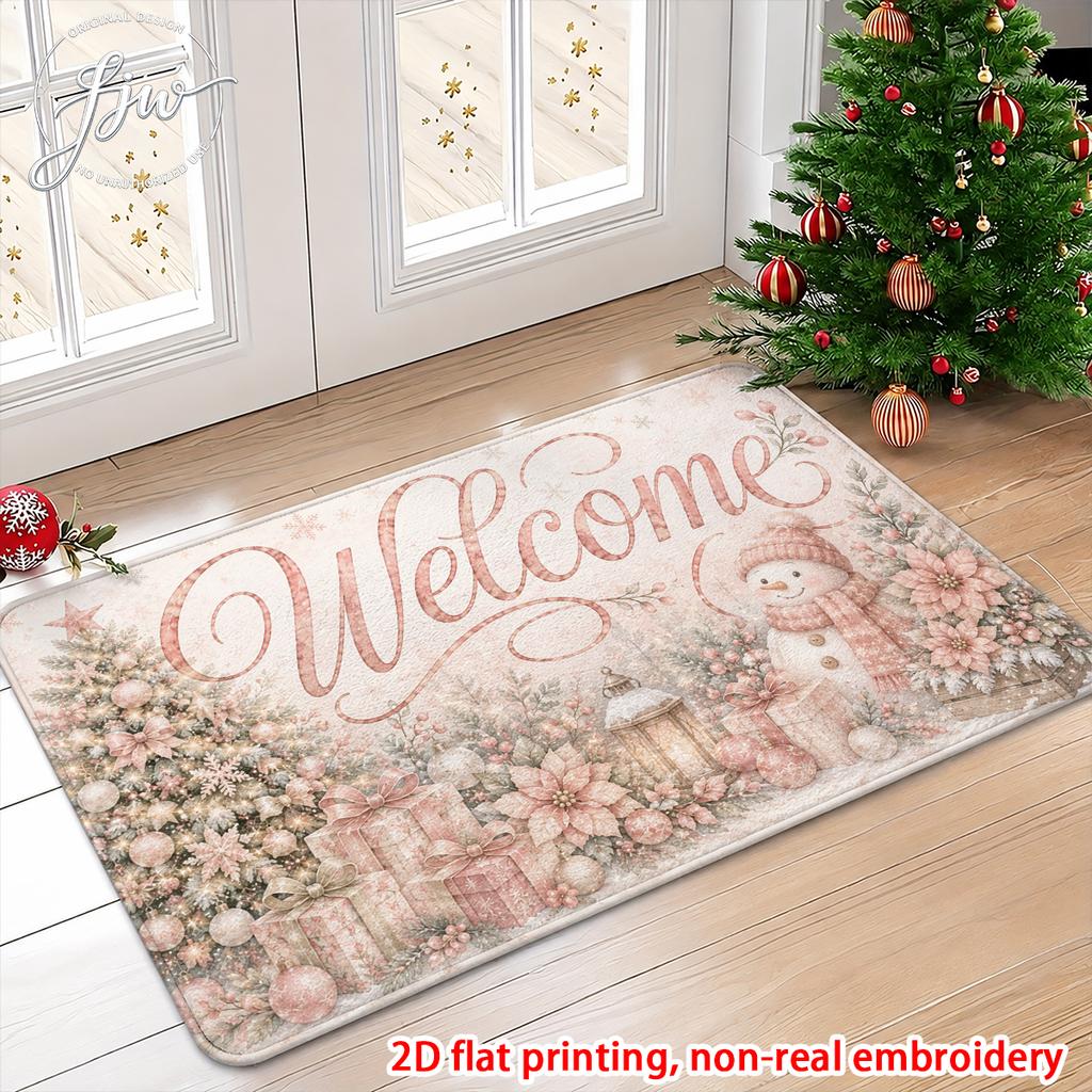 1pcs Christmas Pink Vintage Welcome Doormat, 2D Flat Printed Non Slip Floor Mat for Holiday Home Entrance Decor