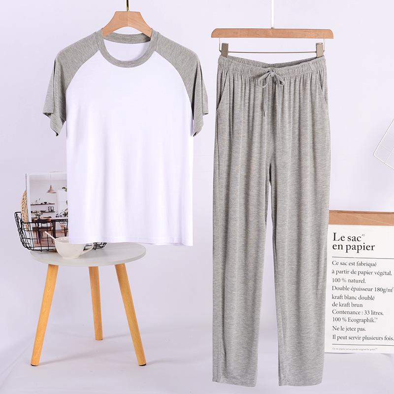 Men's Ice Silk Modal Pajama Set, Short Sleeve & Long Pants, Plus Size, Spring/Summer Casual Home Wear