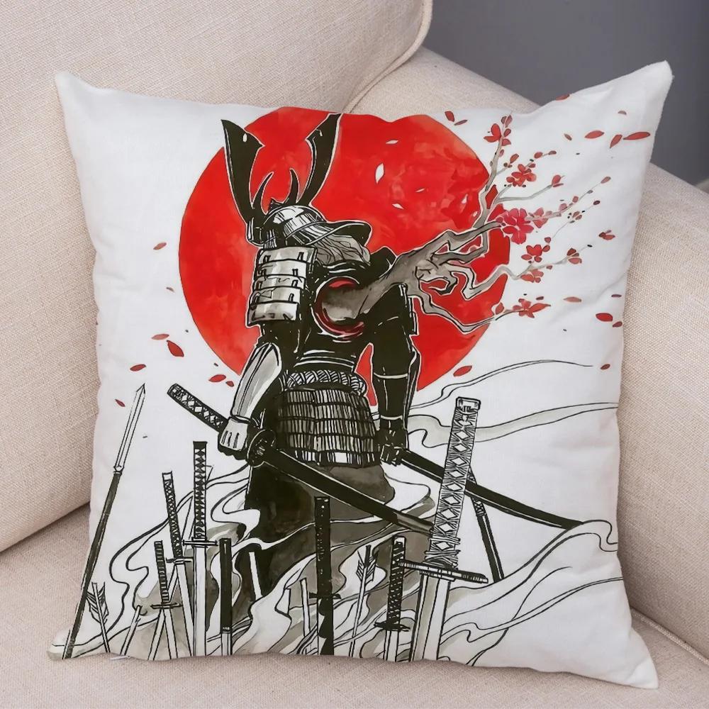 Japan Style Ink Warrior Cushion Cover for Sofa Home Double Print Decor Beautiful Scenery Girl Pillowcase Soft Plush Pillow Case
