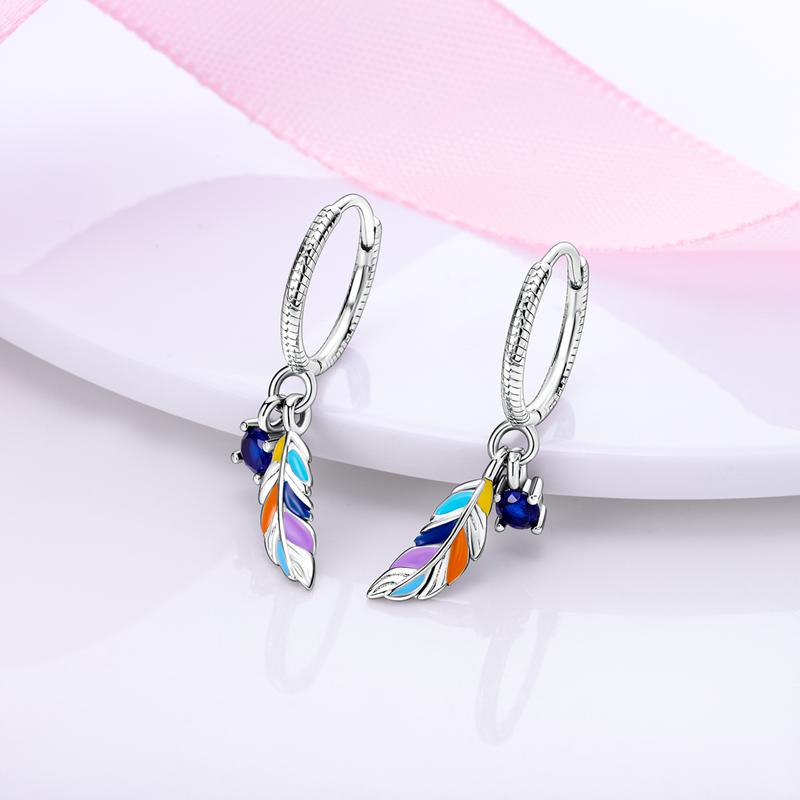 925 Silver Colorful Feathers Drop Earrings Dream Catcher Bohemia Asymmetry Dangle Earrings Original Wedding Jewelry For Women