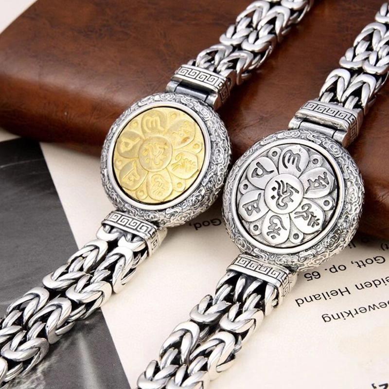 RetroSen New Silver Men's Vintage Peace Pattern Six-character Mantra Personality Rotatable Auspicious Clouds Turntable Bracelet