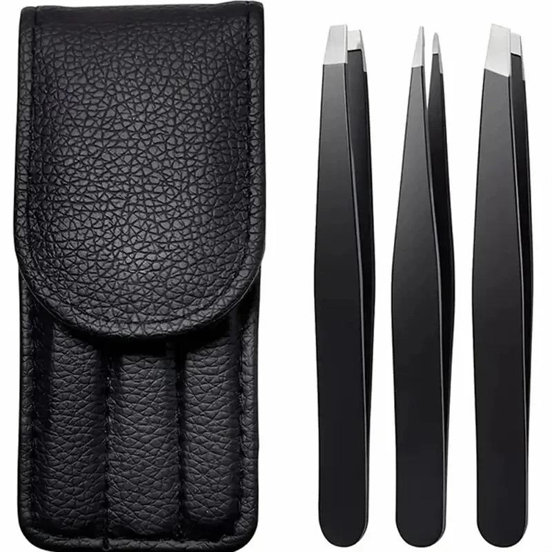 CNK  Wholesale  Stainless Steel Black Eyebrow Tweezer with Slant and Flat Point Beauty Tools for Eyebrows & Ingrown Hair Removal