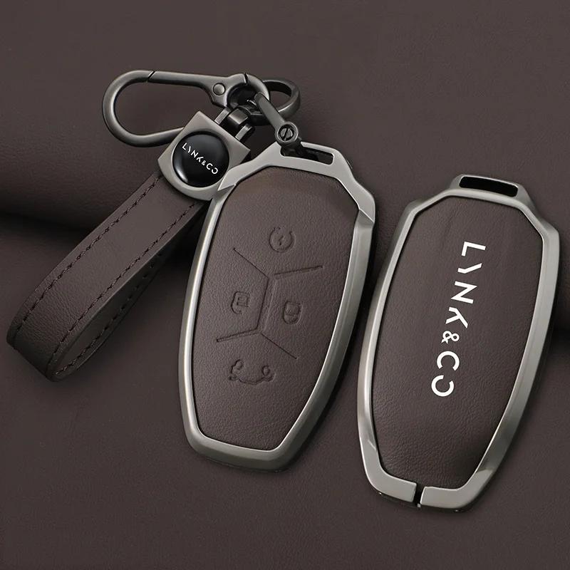 Interior Mouldings Metal Leather Car Key Case Protector Full Cover Shell Holder For LYNK&CO 05 01 02 03 06 Remote Keychain Auto