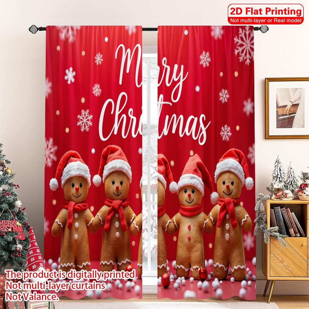 

2pcs 2D flat printing Christmas Drapes Gingerbread Christmas Snowflakes Greeting Polyester Fabric Without Electricity Festive 52.50×116.00 CM 2pcs