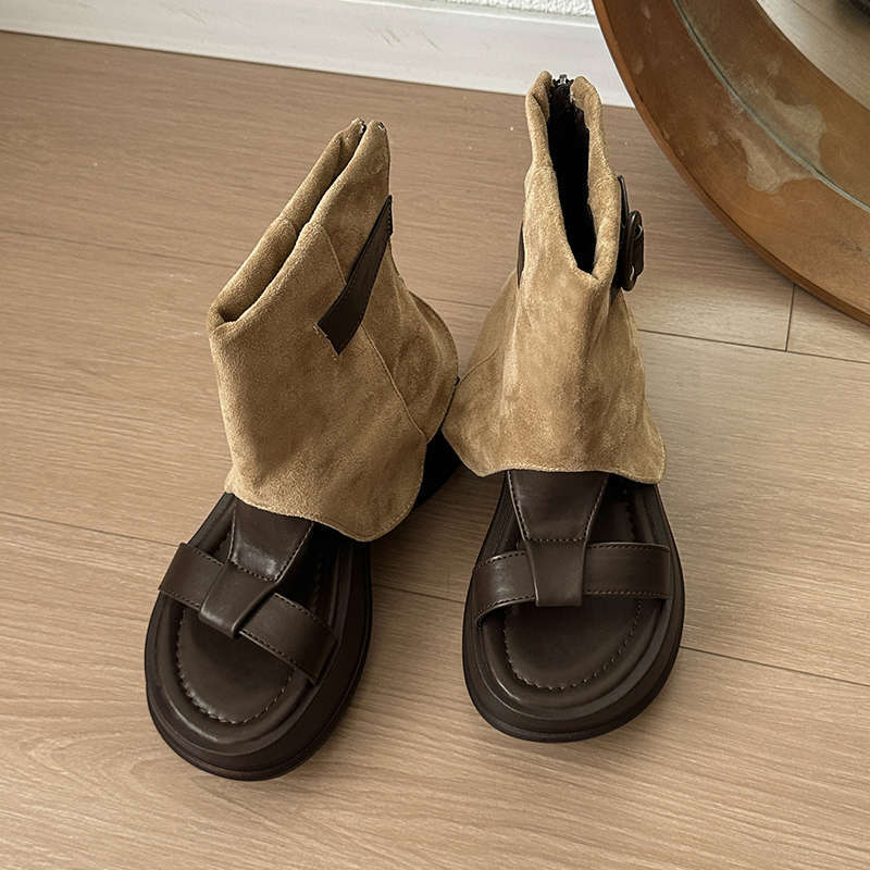 Boots women's summer new cool boots women's open-toe piling boots thick-soled heightening western cowboy short boots trouser boots