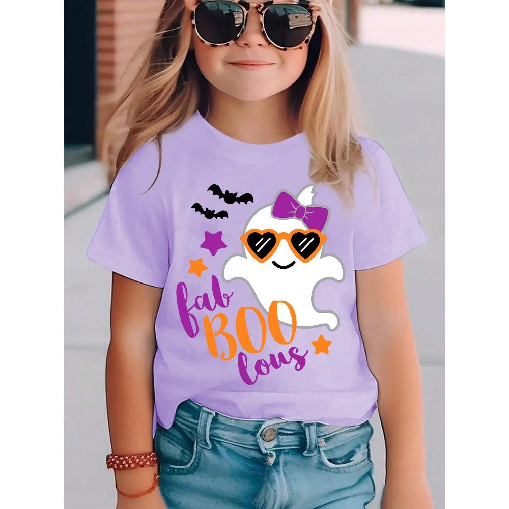 Summer Fashion Girls' Short-sleeved T-shirt, Sunglasses, Bow, Halloween Ghost Cartoon Pattern Print, Casual and Versatile Top
