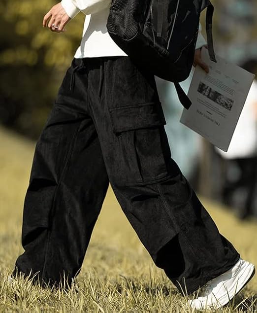 Übergroße Cord-Fracht-Hose mit weitem Bein, entspannt, Gaucho, verstellbarer Gummizug, einfarbig [foveitaa] Herrenhose, Hose, Hose, Stil, Jogginghose, Sport,