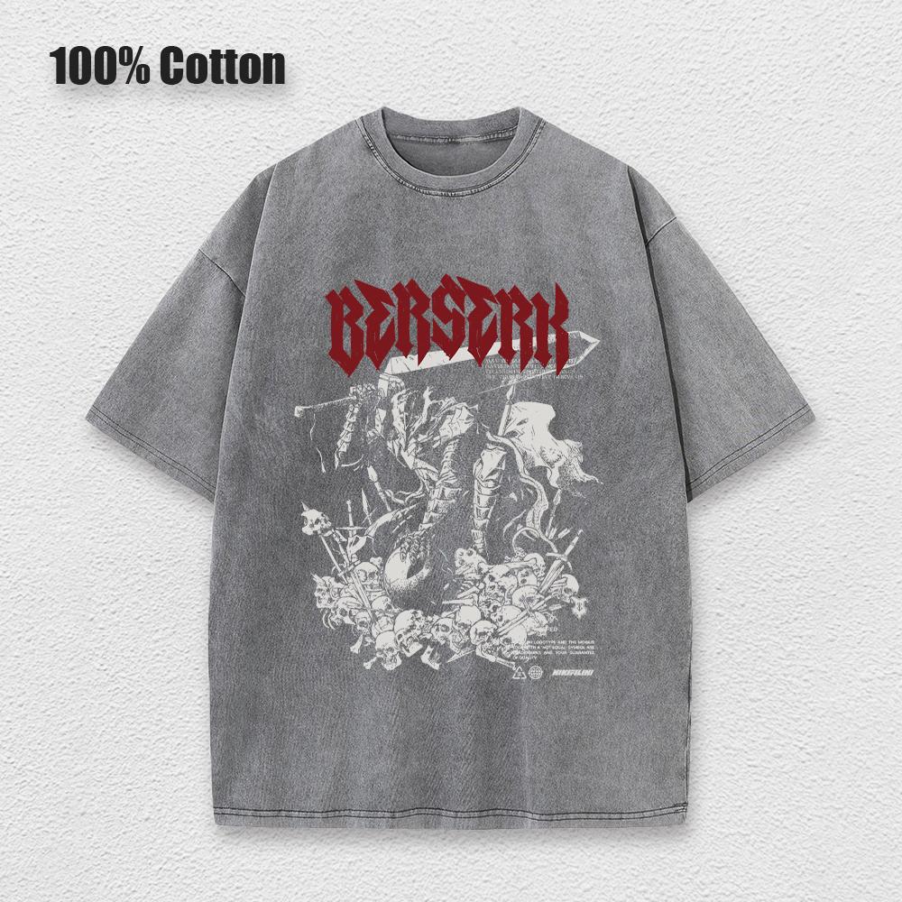 Anime Berserk Guts Acid Tshirt Retro Vintage Washed Graphic Tees Men Harajuku Cotton Casual Short Sleeve Tshirt Tops Unisex