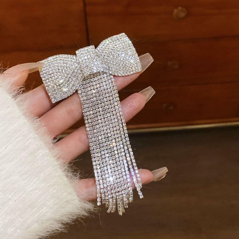 Light Luxury Bow Fringe Hairpin Temperament Bow Hair Clip Long Tassel Rhinestone Hairpin  Women