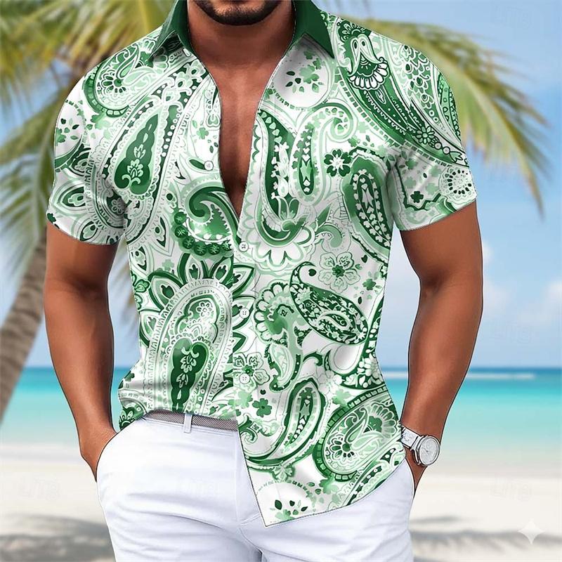 Summer Lightweight Men's Collared Shirt, Gradient Wavy Print, Stylish Casual Vacation Loose Hawaiian Style Men's Shirt, XS-6XL