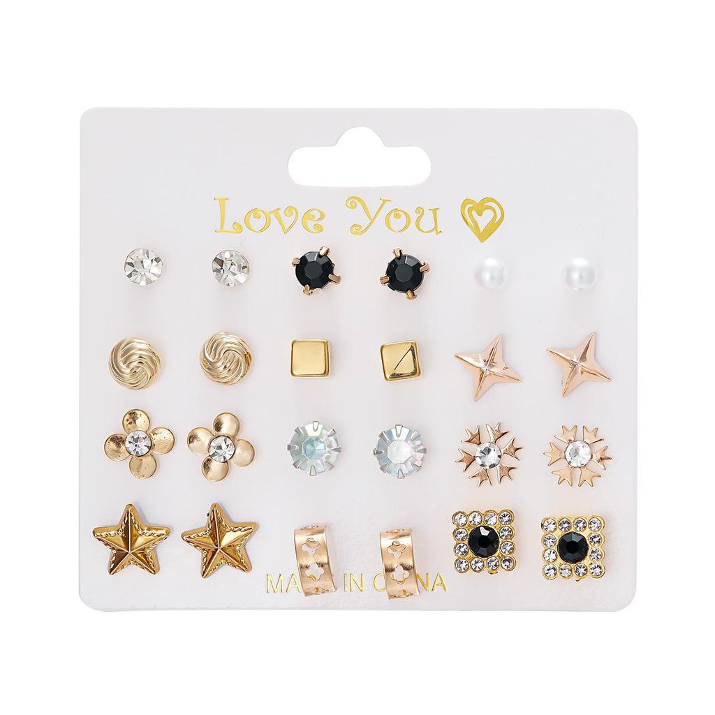 12-Pair Rhinestone Stud Earrings Set: Flower, Heart, Star & Moon Designs