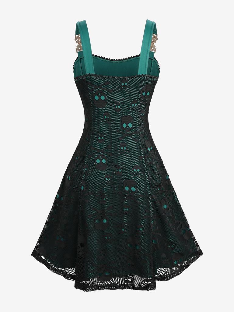 Rosegal Plus Size Skull Mesh Overlay Lace Up Layered A Line Tank Dress