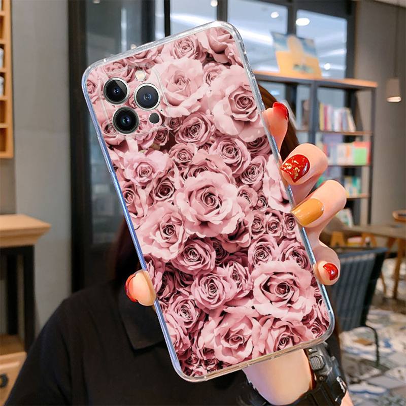 Husa de telefon roz cu flori pentru iPhone 14 13 12 11 Pro Max XS X XR SE 2020 6 7 8 Plus Mini carcasa transparenta
