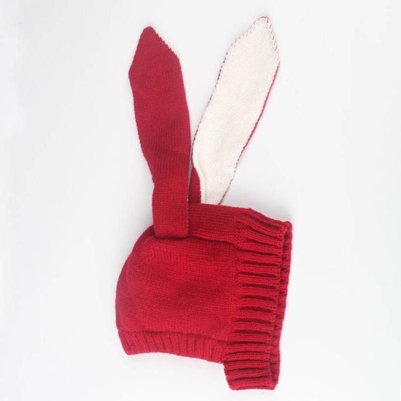 

Зимняя детская вязаная шапка с мультяшным кроликом и длинными ушами, детская шапка-бини, однотонная, милый кролик, для малышей и детей, с ушками, чепчик красный