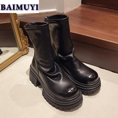 Platform Women Ankle Boots High Heels Shoes Fashion Chelsea Goth 2025 Trend Winter Retro Pleated Soft Leather Botas Mujer Pumps