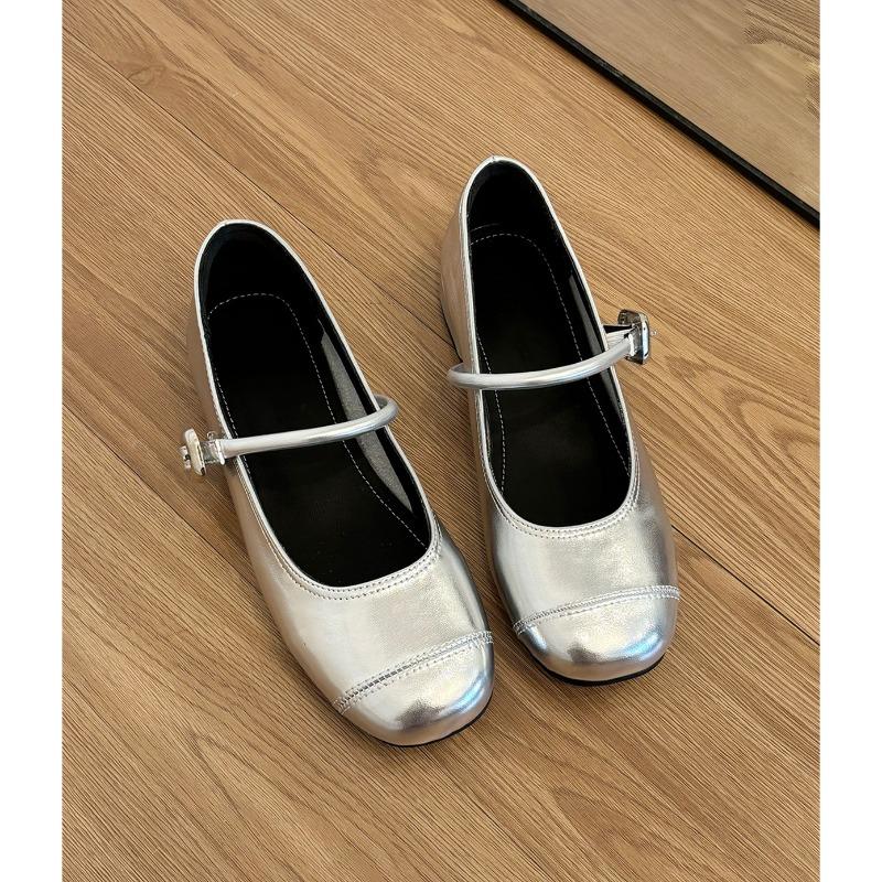 Genuine Leather Silver Light Mouth with Flat Bottom Inner Height Increase Mary Jane Single Shoes Women's Small Leather Shoes