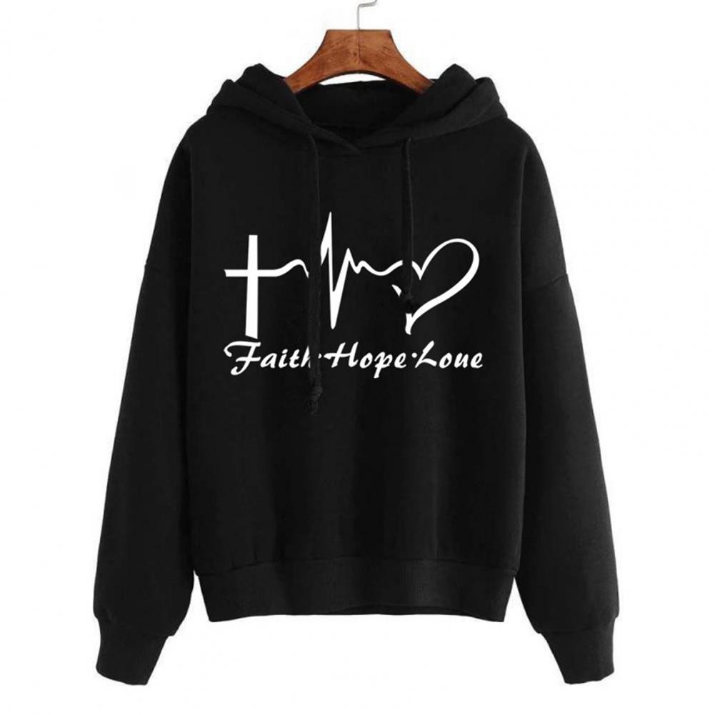 Streetwear Hoodie Heart Print Letters Spring Autumn Pure Color All Match Sweatshirt for Daily Wear