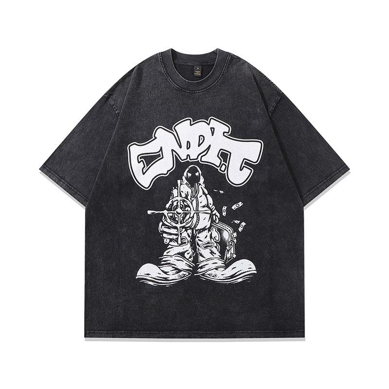 Spring And Summer New Washed Old T-Shirts For Men And Women American High Street Retro Trendy Brand Dark Printing Short Sleeves