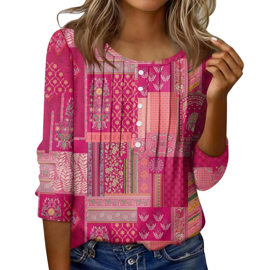 Women's Round Neck Pull Stripe Decorative Button Top Casual Solid Color 3/4 Sleeve T Shirt