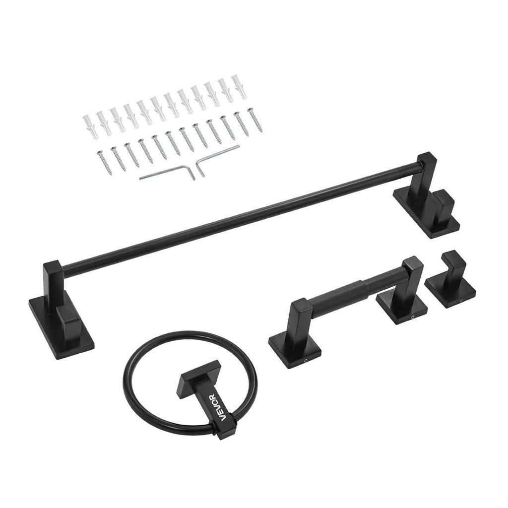 Matte Black Bathroom Hardware Set, 4 Pieces Stainless Steel Bathroom Accessories Set, 24-inch Towel Bar, Towel Ring, Robe Towel Hook, Toilet Paper