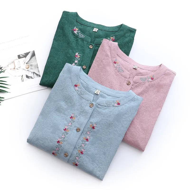 Embroidered Cotton Shirt Women's Large Size Spring and Autumn Tops, High-end Western Style Bottoming Shirt, Mother Shirt