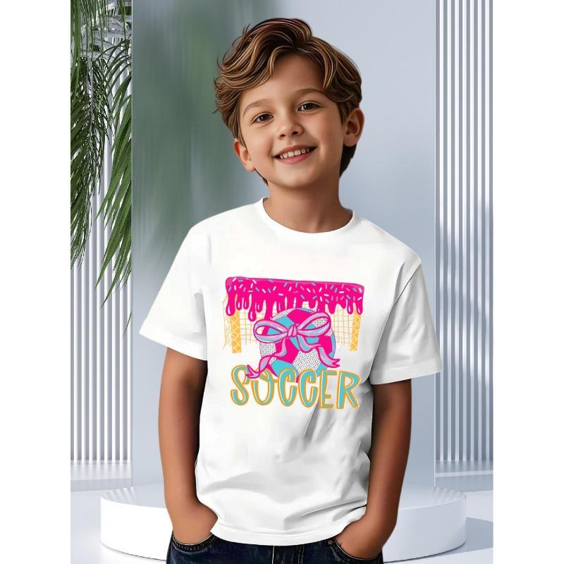 Boys Crewneck Short Sleeve Tee, Cute Pink & Blue Bow Print Summer Casual Top for Boys 110