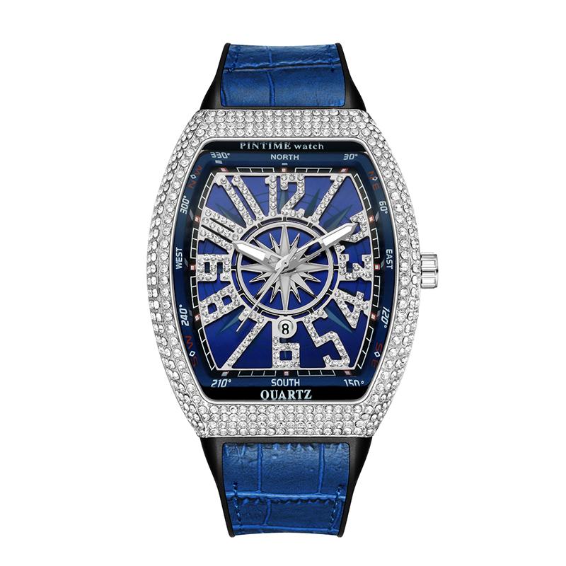 PINTIME Men's Watches Luxury Tonneau Type Metal Shinning CZ Case Rubber Strap Fashion Quartz Wristwatch Male Clock Relogio Gifts