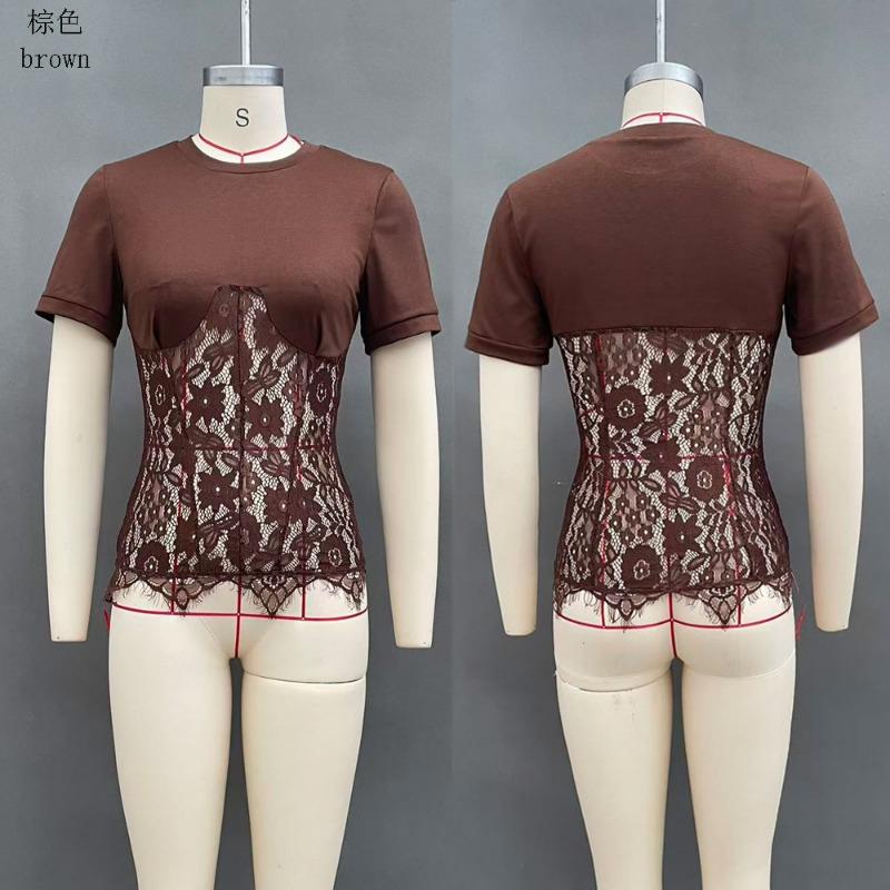 Nuovo Top Corto Estivo da Donna Sexy con Scollo Rotondo, Pizzo Trasparente e Inserti