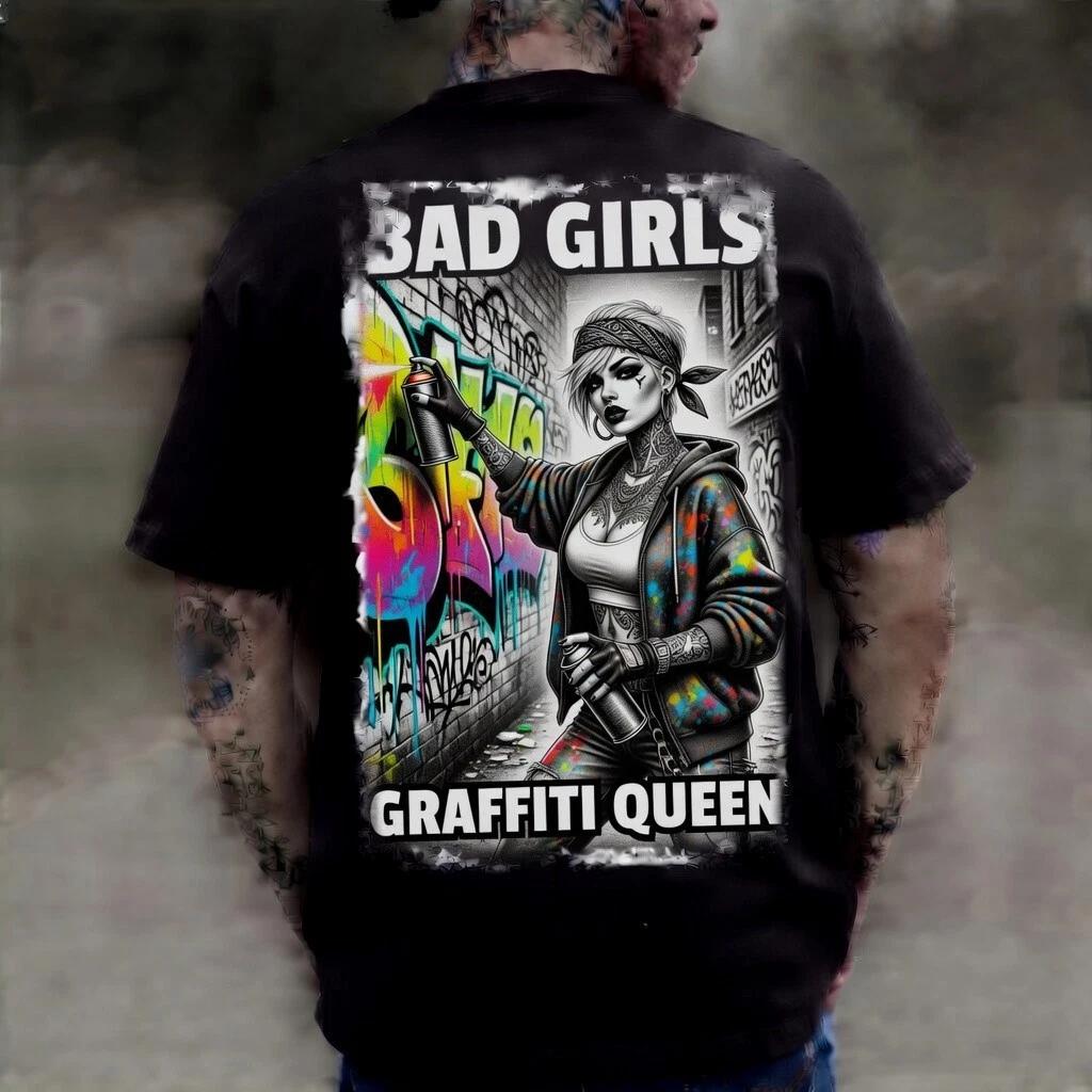 Bad Girls Graffiti Queen Black Graphic T-Shirt Street Tattoo Edgy Tee XXL