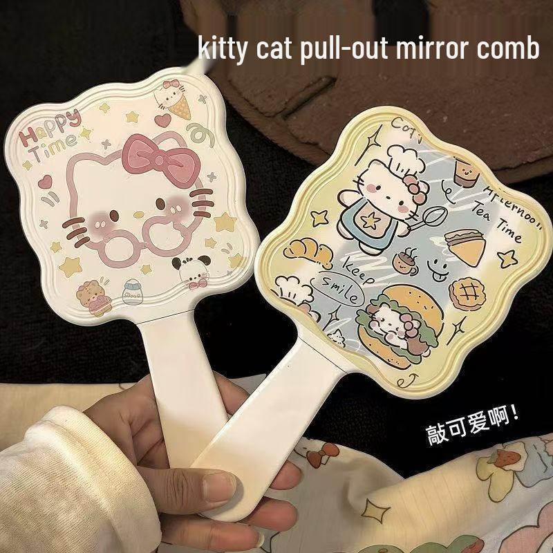 High-End Girlish Heart Handheld Mirror with Retractable Comb and Cute Cat Handle