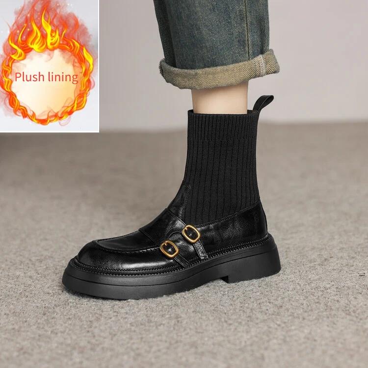 New Casual Sheepskin Retro Chimney Boots European American Low Heel Black Commuting Shopping Short Plush Warm  Ankle Boots 41