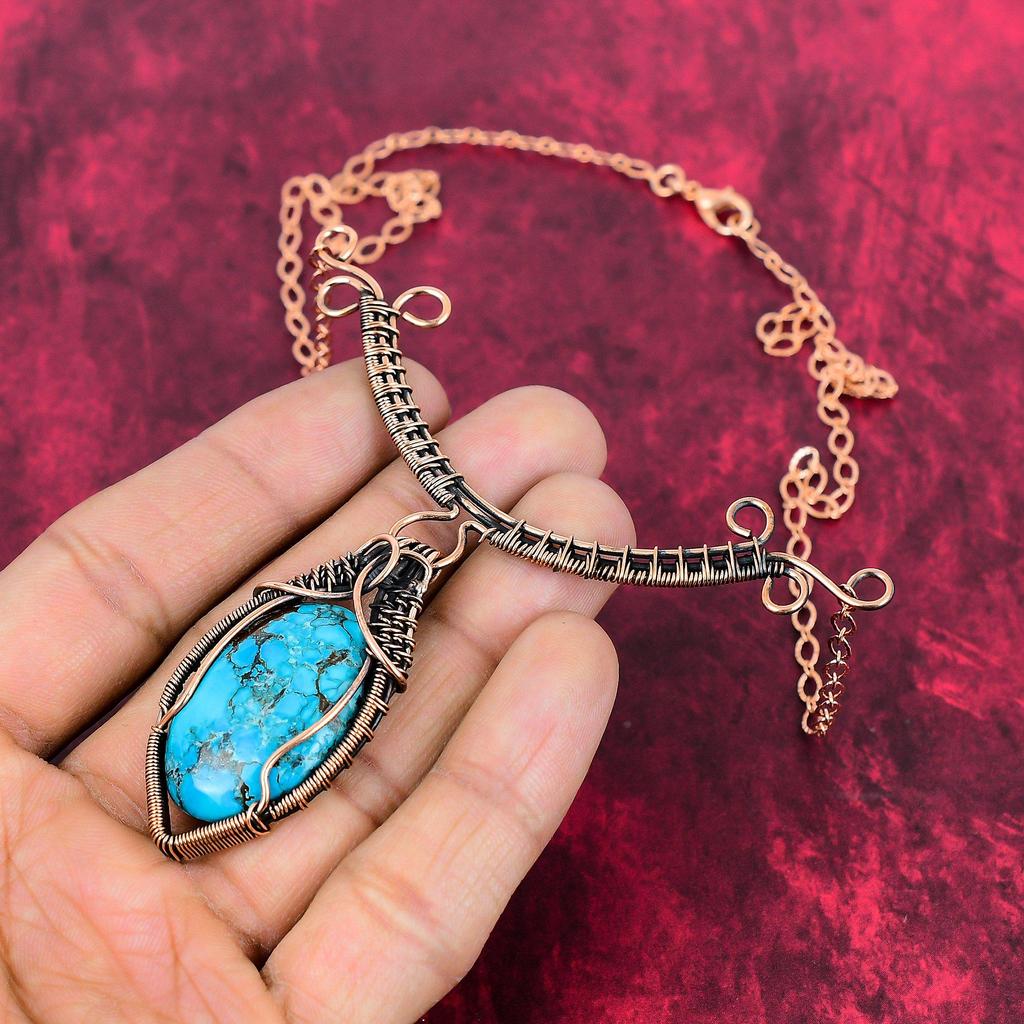 Tibetan Turquoise Necklace Copper Wire Wrapped Gemstone Necklace Adjustable Chain Necklace Handmade Copper Wire Wrap Jewelry Gift For Mother