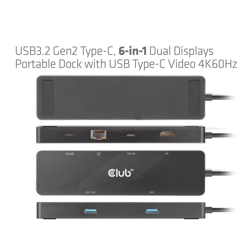 Club 3D USB Gen2 Type C Hub with C Dual 8K30Hz 4K120Hz 2x USB USB C and USB C 100W 6-in-1 HDMI/USB Display, (DSC) / (DSC), A, RJ45, 10Gbps, PD3.0