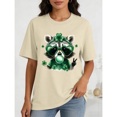 Ladies Fashion Casual Raccoon Pattern T-shirt-loose Short-sleeved Round Neck for St. Patrick's Day Celebrations