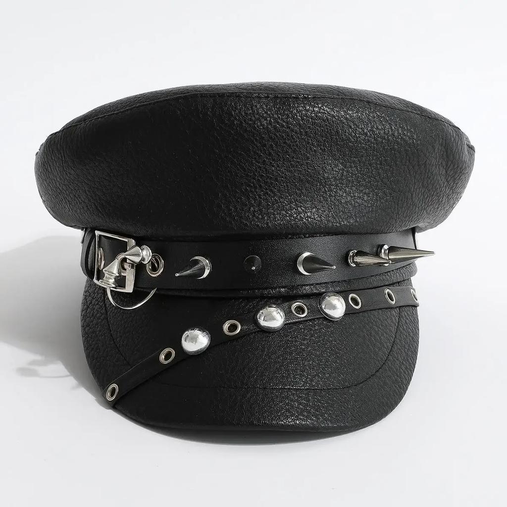 Y2K Leather Rivet Show Navy Cap Skinny Cap New Niche Punk Hip Hop Wind Beret Black PU Military Cap Harajuku Gothic Lolita Hat