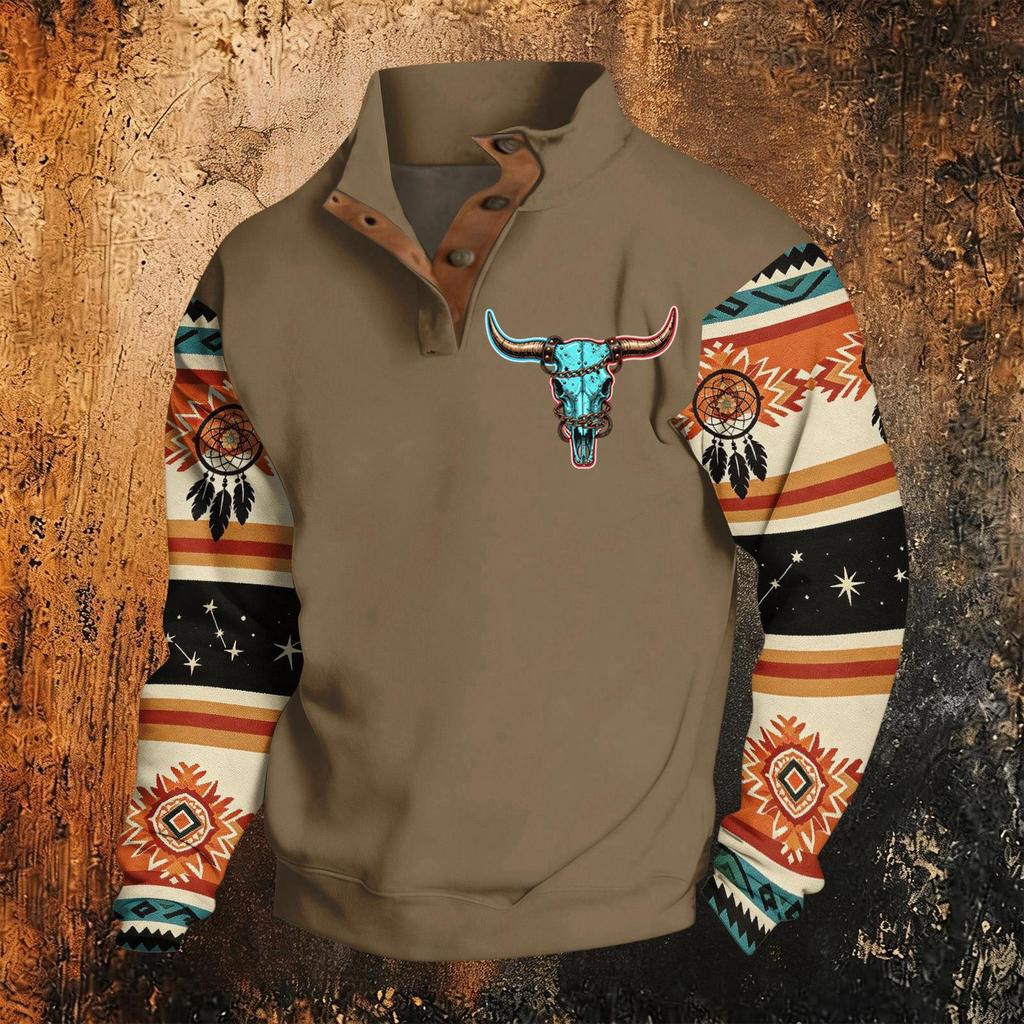 Men's Print Hoodie, Western Long Sleeve Pullover Sweatshirt with Pattern