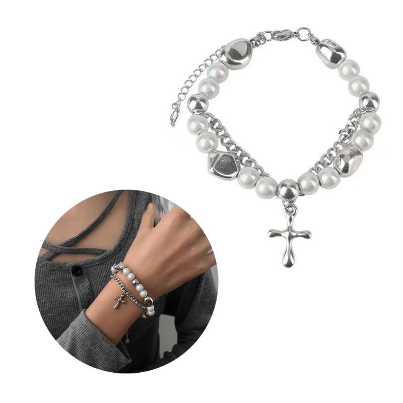 Sweet and Cool Cross Stitching Reflective Pearl Bracelet Crystal Gothic Punk Jewellery Wrist Bracelet Party Prom Gift