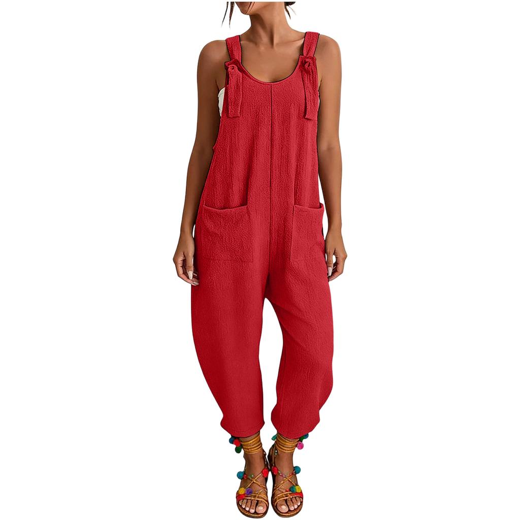 Women's Spring Jumpsuits Adjustable Strap Vintage Color Sleeveless Pants With Pockets