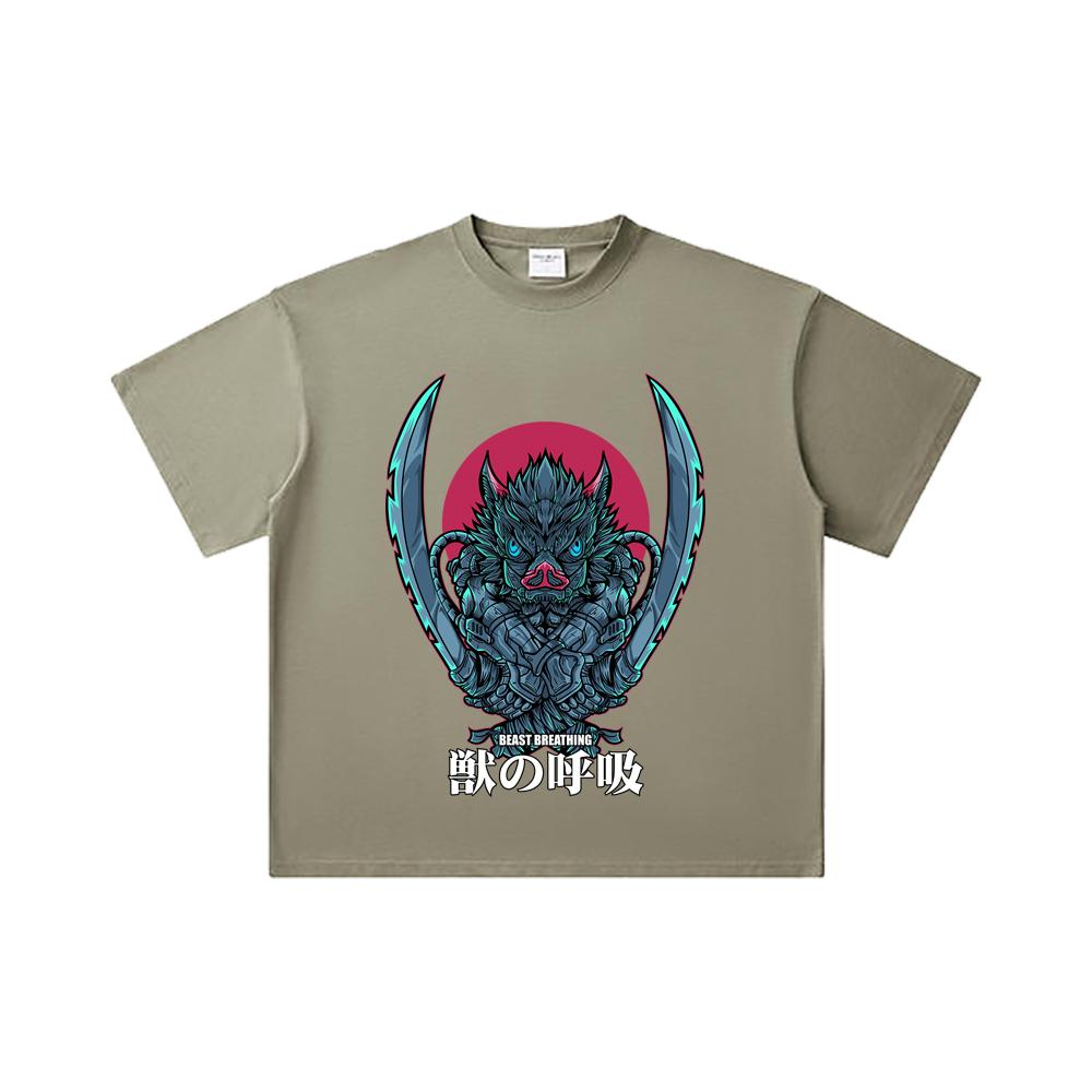260 GSM Double Yarn 32 Count 100% Cotton Demon Slayer V29 Inosuke Print Unisex Heavy Cotton T Shirt