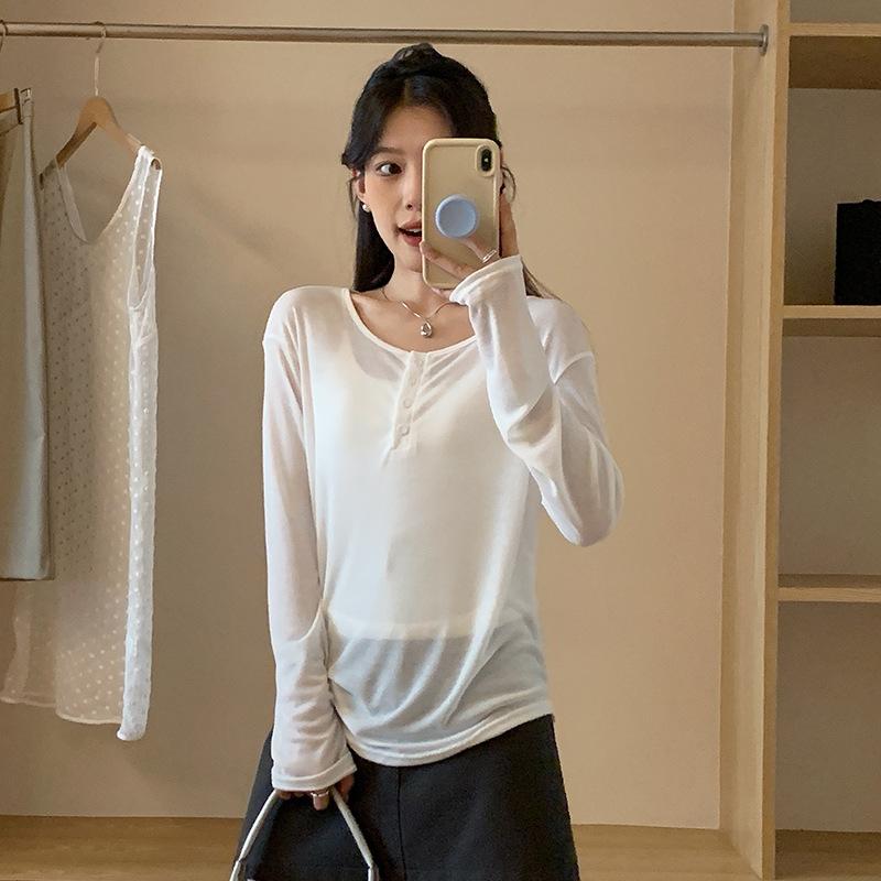 

Весенне-осенняя блузка из лиоцелла и тенселя, футболка с длинными рукавами, американская белая свободная рубашка с солнцезащитным кремом, женская внутренняя майка one size белый