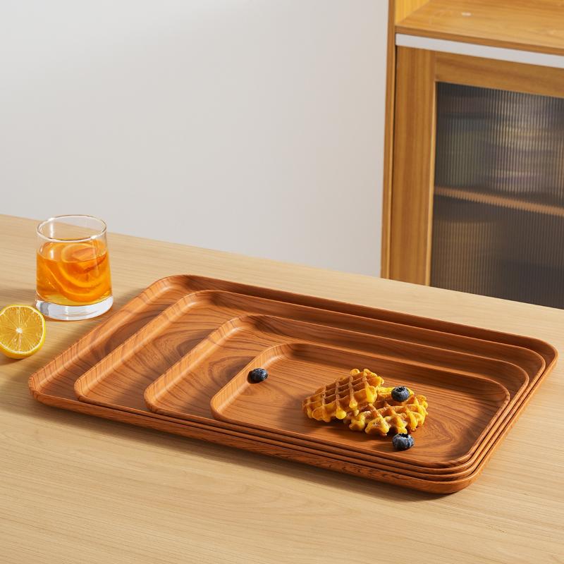 Wood Grain Plastic Food Serving Tray Stackable Dessert Fruit Tray Tea Tray Large Capacity Storage Tray Kitchen Stoage Organizer