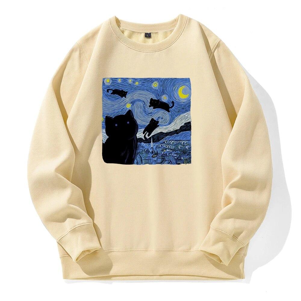 Картина маслом Черная кошка Звездная ночь Печать с капюшоном Унисекс Спортивная мода Новые толстовки с капюшоном из флиса Теплая толстовка Свободная толстовка большого размера L 4873₽
