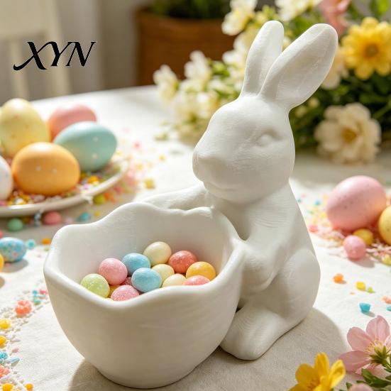 Bunny Holding Bowl 3D Printed Easter Candy Bowl, Cute Rabbit Figurine, DIY Paintable White Desk Decor for Living Room Office, Versatile Trinket Holder