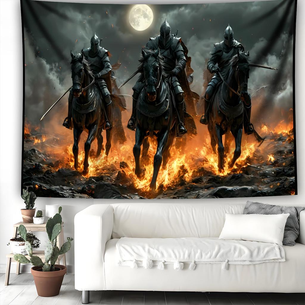 Dark Knight Tapestry, Armored Riders On Horseback In Fire and Moonlight, Gothic Fantasy Wall Art for Bedroom Living Room Decor