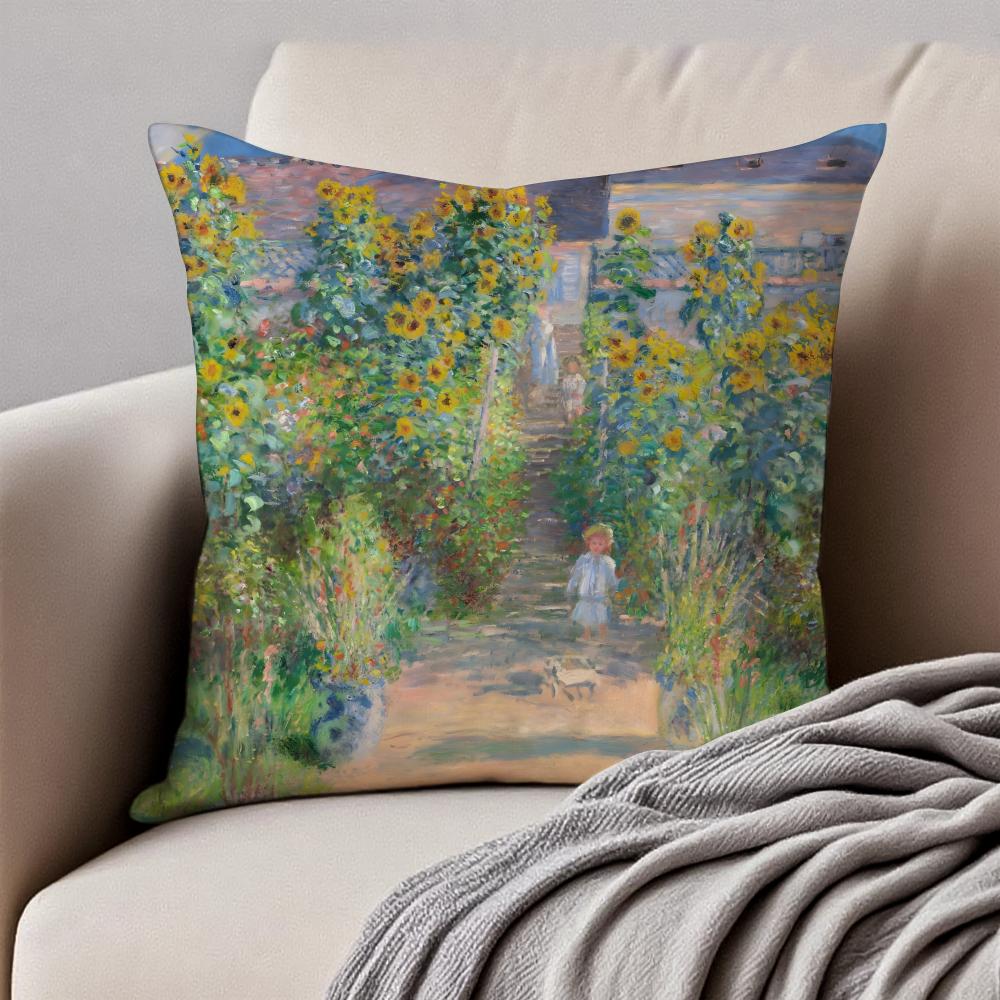 Famous Classic Oil painting Art CClaude Monet Cushion Cover Pillowcase Antidustmite Invisible Zipper Short Plush Sofa Cushion